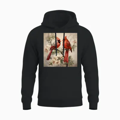 Northern Red Cardinal Birds with Flowers Unisex Hoodie - Black