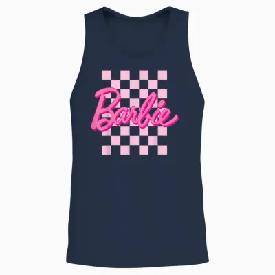 Barbie - Barbie Logo Checkered Background Short Sleeve T-Shirt for Women, Small Unisex Tank Top - Navy