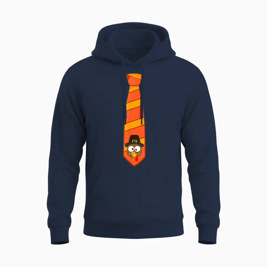 Funny Thanksgiving Tie with Turkey for Family Dinner Unisex Hoodie in Navy