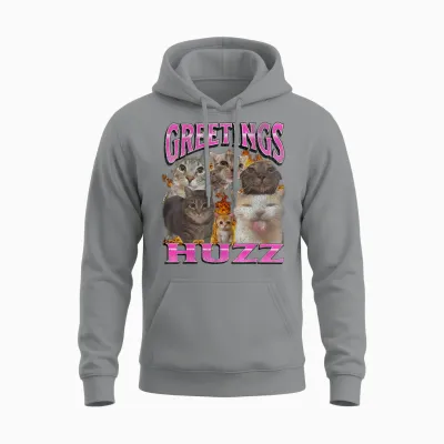 Greetings Huzz Funny Cat Meme Bootleg Graphic Men Women Unisex Hoodie - Sport Grey