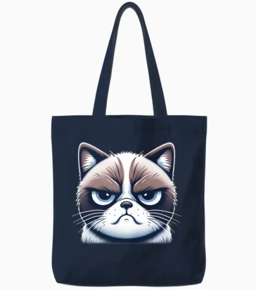 Grumpy Face Funny Cat Graphic Tote Bags in Navy