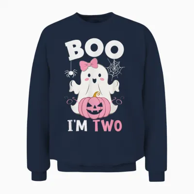 Ghost Boo I'm Two Year 2nd Birthday Girls Halloween Groovy Unisex Sweatshirt - Navy