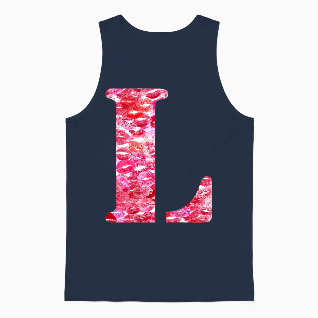 Back Print Only - Lipstick Kisses for Boyfriend Letter L T-Shirt, Black, S Unisex Tank Top in Navy