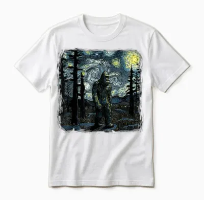 Bigfoot Starry Night Sasquatch Van Gogh Sky Painting Art Unisex T-Shirt - White