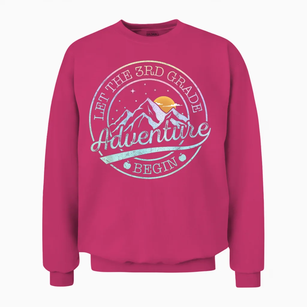 Let the 3rd Grade Adventure Begin Retro First Day of School Unisex Sweatshirt in Heliconia