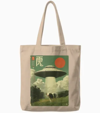 Funny Japanese Ufo Alien Kidnapping Cow Kids Adult Tote Bags - Natural