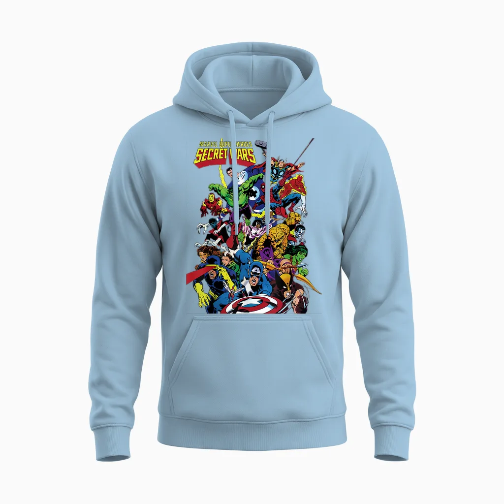 Marvel Exclusive Secret Wars Franchise Hero Collage Unisex Hoodie in Light Blue
