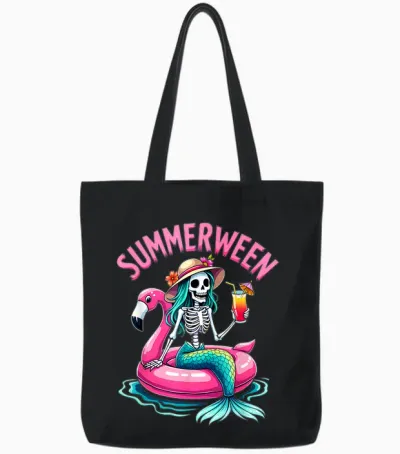 Summerween Mermaid Skeleton Beach Flamingo Halloween Girl Tote Bags - Black