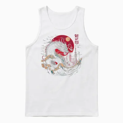 Japanese Dragon Tokyo Great Wave off Kanagawa (artistic Back) T-Shirt, Black, S Unisex Tank Top - White