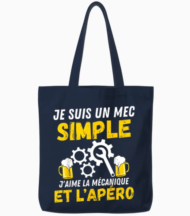 Simple Guy J'aime Meçanique Apèro Mechanic Humour Mechanic T-Shirt, Black, S Tote Bags in Navy