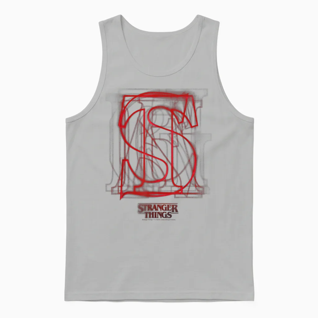 Stranger Things Logo with Overlaid Red Letters, Black Unisex Tank Top in Ash
