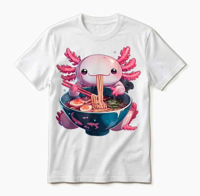 Axolotl Ramen Anime Kawaii Eating Girls Teen Gifts T-Shirt, Black, S Unisex T-Shirt in White