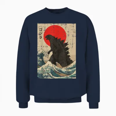 Japanese Kaiju Wave Red Sun Japan Monster Men Women Unisex Sweatshirt - Navy