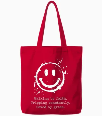 Walking by Faith Tripping Constantly Saved by Grace Tote Bags - Red