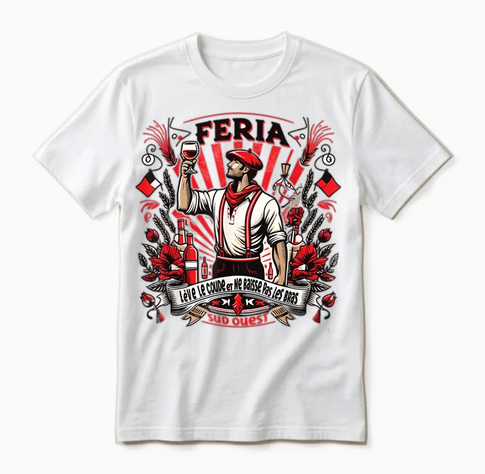 Feria Sud Ouest Elbow Raise Aperitif Red White Bayonne Dax T-Shirt, White, S Unisex T-Shirt in White