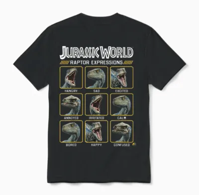 Jurassic World Two Blue Raptor Expressions Graphic Short Sleeve Unisex T-Shirt - Black