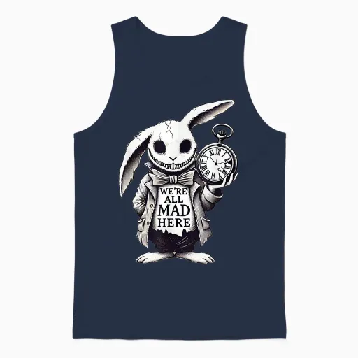 Alice in Wonderland - We're All Mad Here Rabbit Hatter Quote Unisex Tank Top in Navy