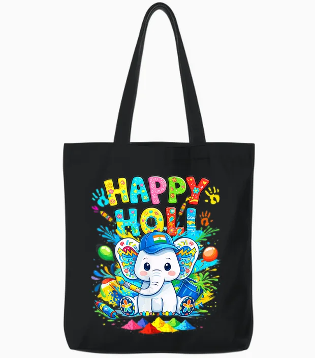 Happy Holi Festival India Color Elephant Hindu Toddler Boys Tote Bags in Black