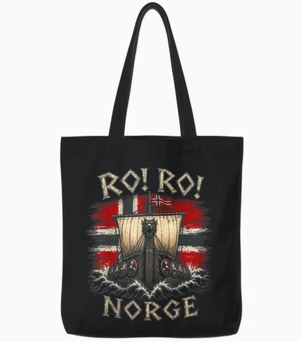 Ro! Ro! Norge Wikinger Langschiff Norwegen Flagge Skandinavisch Tote Bags in Black
