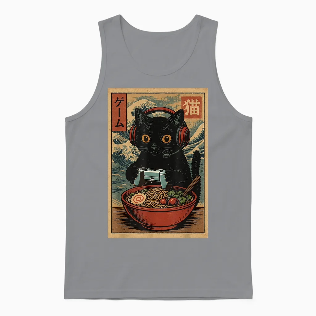 Cute Kawaii Gamer Cat Funny Ramen Retro Japanese Cat Gaming Unisex Tank Top in Sport Grey