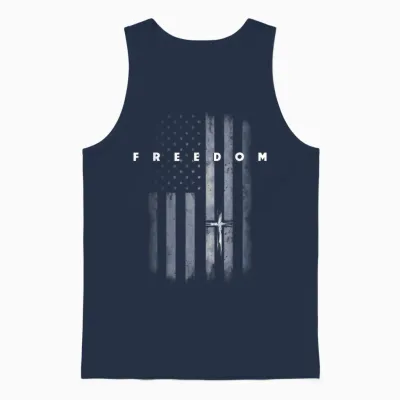 Grunge American Flag and Cross Faith Family Freedom Unisex Tank Top - Navy