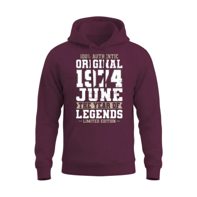 50th Birthday Vintage June 1974 Original 1974 Unisex Hoodie - Maroon
