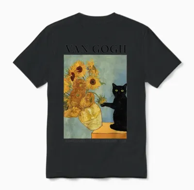 Van Gogh Black Cat with Sunflowers Funny Cat Unisex T-Shirt - Black