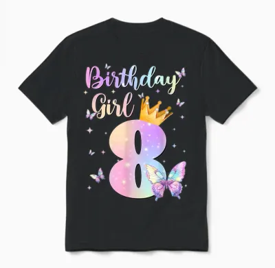 Birthday Girl 8 Year Old Butterfly Theme Party 8th Bday Unisex T-Shirt - Black