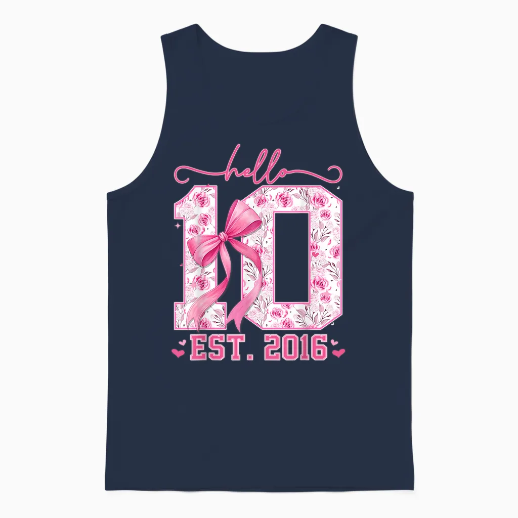 Hello Ten Est 2016 Pink Coquette Bow 10th Birthday Girls Unisex Tank Top in Navy