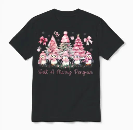 Just a Merry Penguin Watercolor Christmas Animals Unisex T-Shirt in Black
