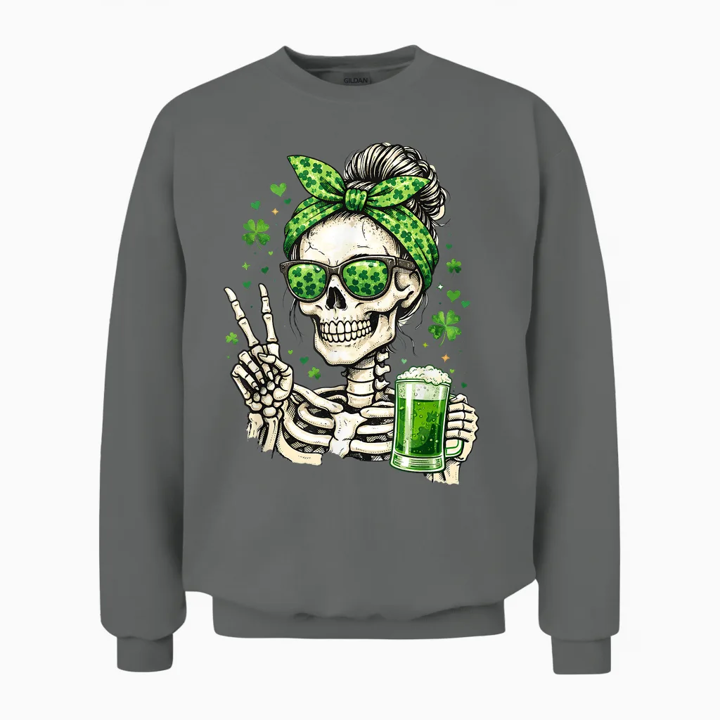Skull Sunglass Messy Bun Irish Funny St Patrick's Day Women Unisex Sweatshirt in Graphite Heather