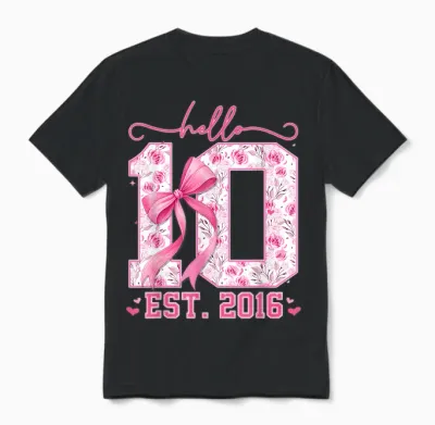 Hello Ten Est 2016 Pink Coquette Bow 10th Birthday Girls Unisex T-Shirt - Black