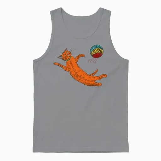Chasing the Sack – Orange Cat Hacky Sack Unisex Tank Top in Sport Grey