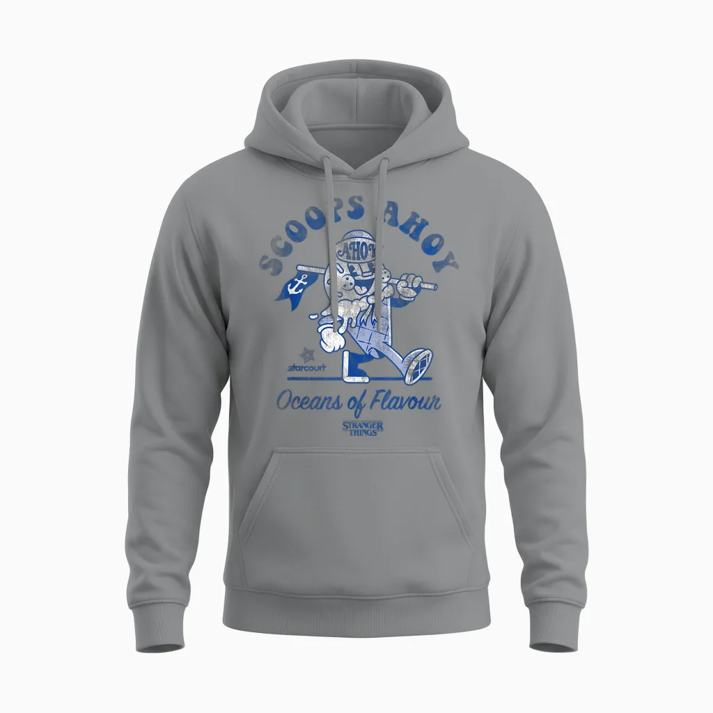 Stranger Things Scoops Ahoy Retro T-Shirt, White, S Unisex Hoodie in Sport Grey