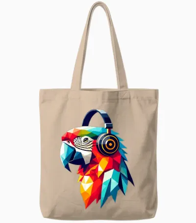 Bunter Tropischer Polygon Papagei Mit Kopfhörern Musik Kunst Tote Bags - Natural