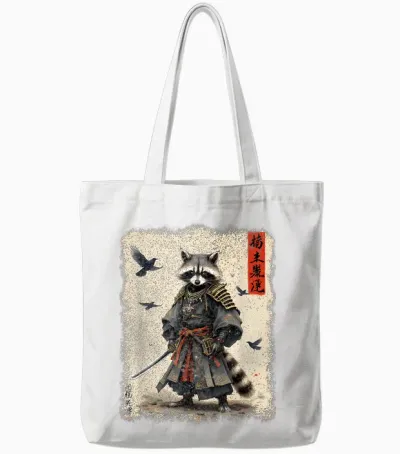 Samurai Raccoon, Japanese Warrior Art | Vintage Anime T-Shirt, Black, S Tote Bags - White