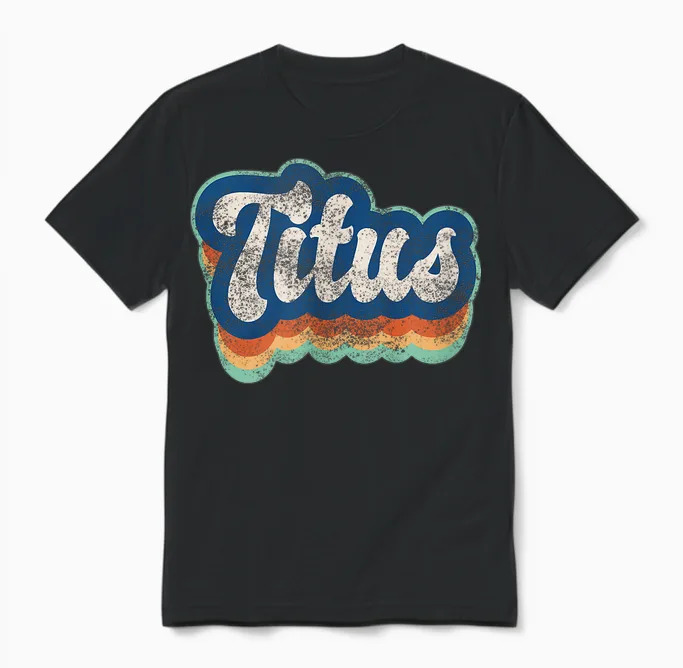 Titus Vorname Junge Vintage Stil 70er 80er Jahre Personalisiert Unisex T-Shirt in Black