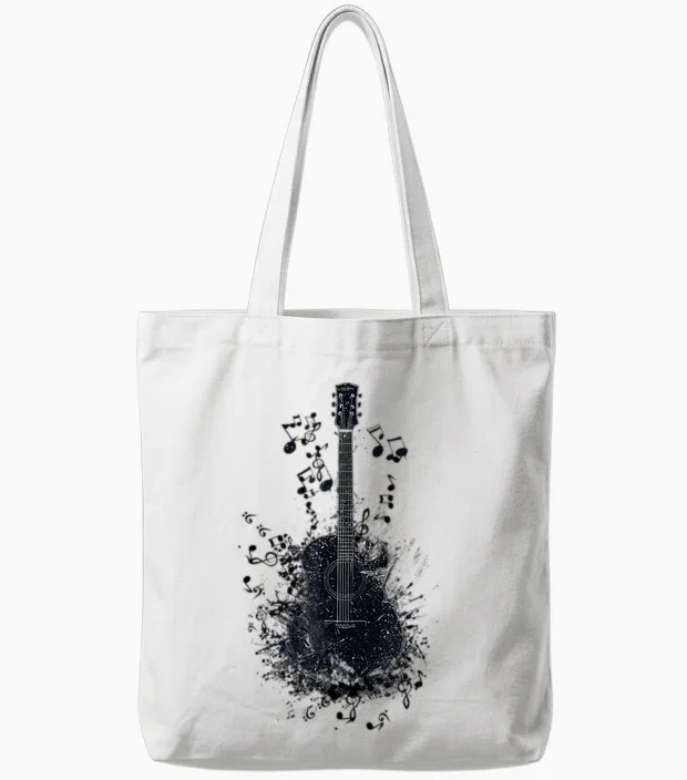 T-Shirt with Musical Notes for Guitarists, Black Tote Bags in White