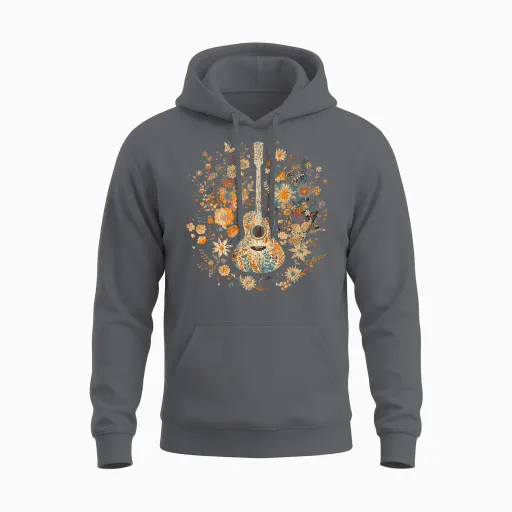 Acoustic Guitar American Folk Music Flowers Nature Country T-Shirt, Black, S Unisex Hoodie - Charcoal