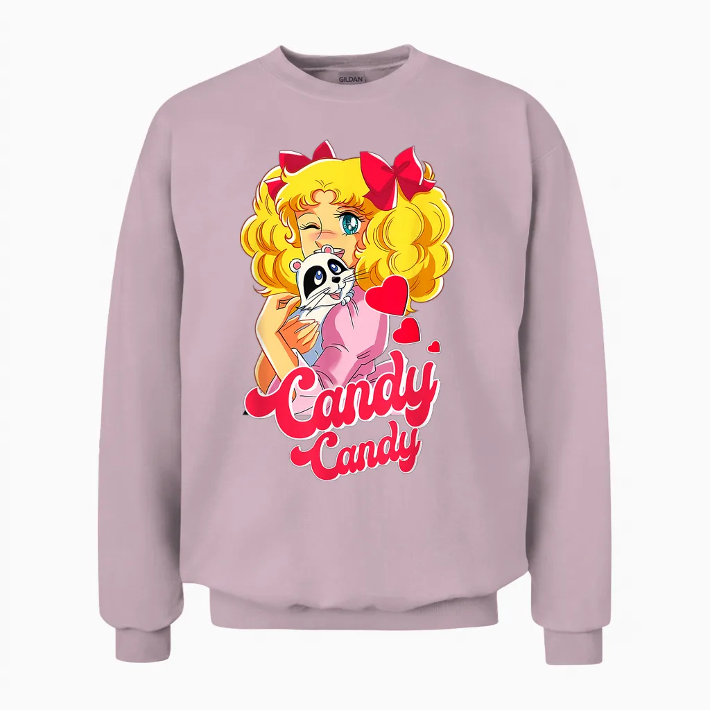Candy Raccoon Cartoon Japanese Retro 80s Manga Unisex Sweatshirt in Light Pink