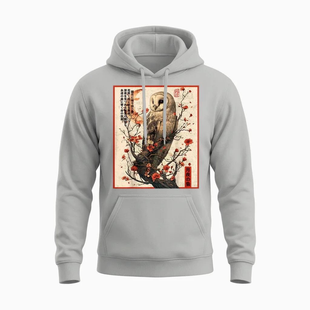Japanese Moonlight Night Owl Ukiyo-E Gothic Graphic T-Shirt, Black, S Unisex Hoodie in Ash