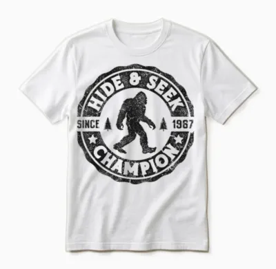 Bigfoot Hide and Seek Champion Funny Sasquatch Retro Vintage Unisex T-Shirt - White