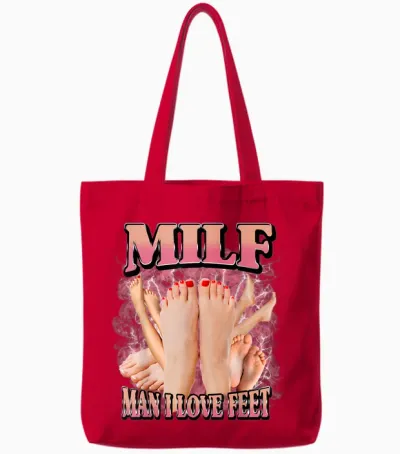 Milf Man I Love Feet Funny T-Shirt, Black, S Tote Bags - Red
