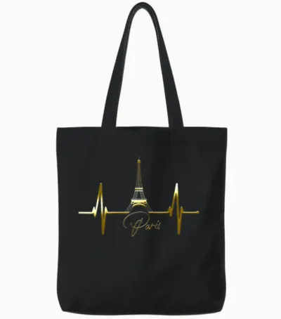 Paris Skyline Heartbeat I Love Eiffel Tower Love France T-Shirt, Black Tote Bags - Black