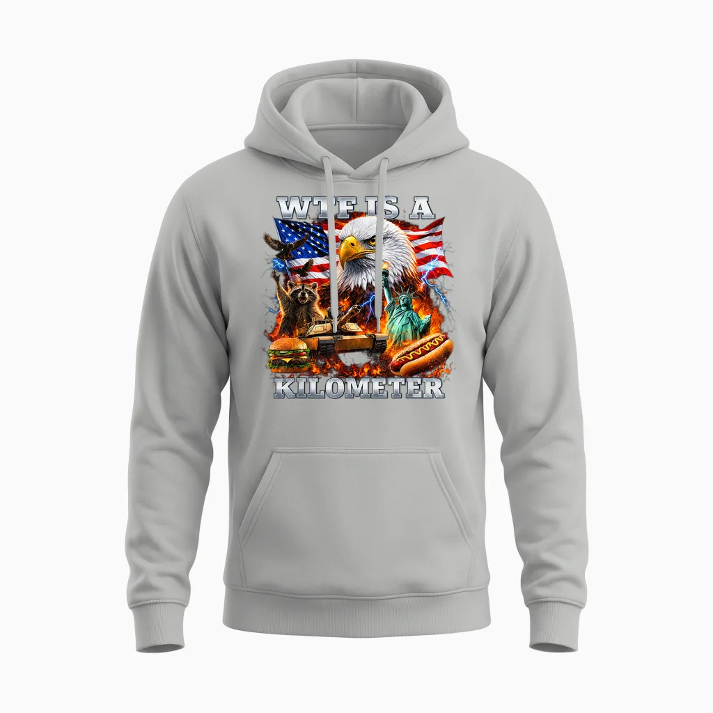 Wtf Is a Kilometer 4th of July Unisex Hoodie in Ash