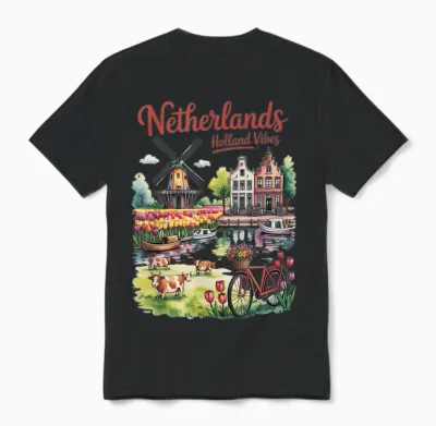 Niederländische Windmühle Tulpenfelder Holland Vibes Unisex T-Shirt - Black