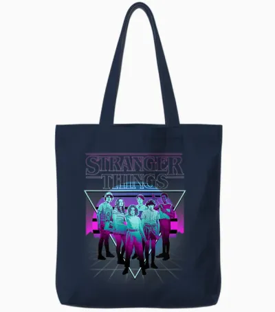 Stranger Things Group Shot Neon Triangle Tote Bags - Navy