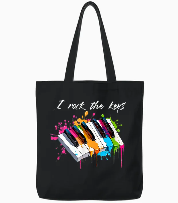 T-Shirt with "i Rock the Keys" Musician Keyboard Piano, Black Tote Bags in Black