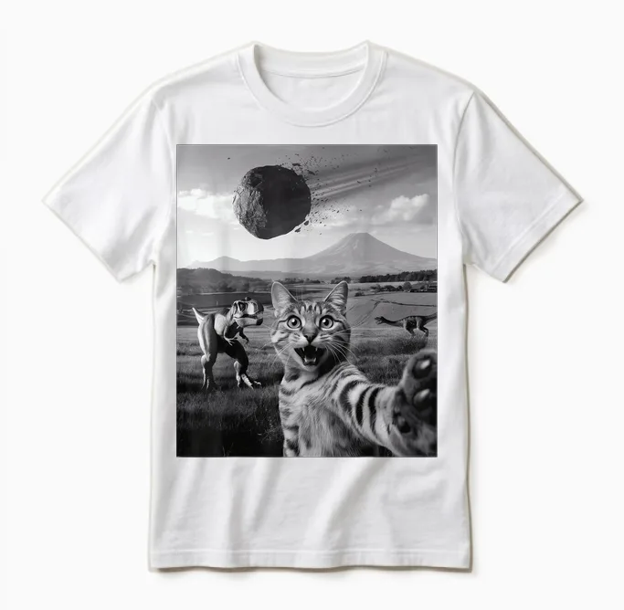 Drôle Chat Selfie Dinosaure Météore Astéroïde Curieux T-Rex Unisex T-Shirt in White