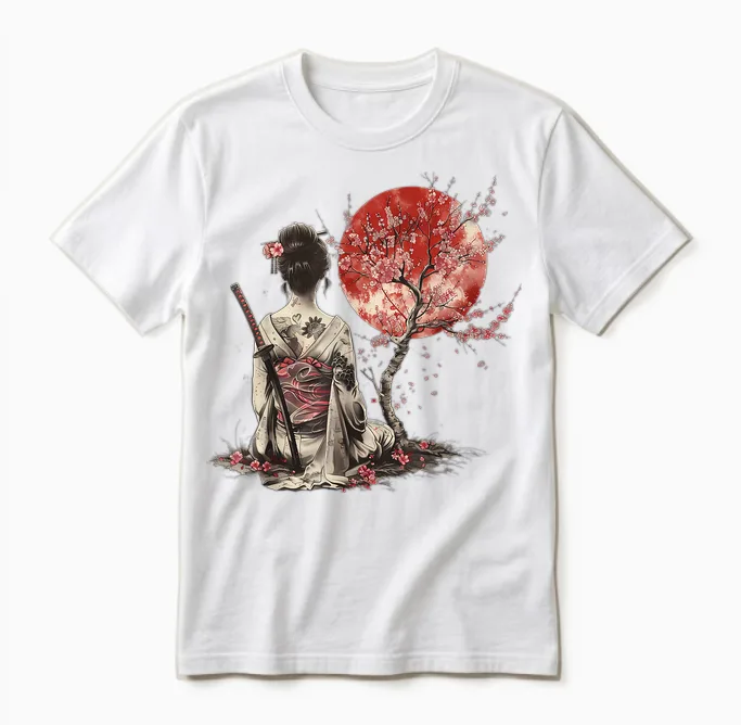 Japanese Samurai Sakura Cherry Blossom Japanese Geisha T-Shirt, Black, S Unisex T-Shirt in White